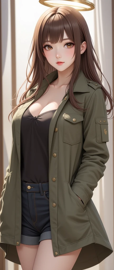 redhead girl long hair, Linda,appealing, bright green eyes ,jacket and short white shorts, black detail on the jacket