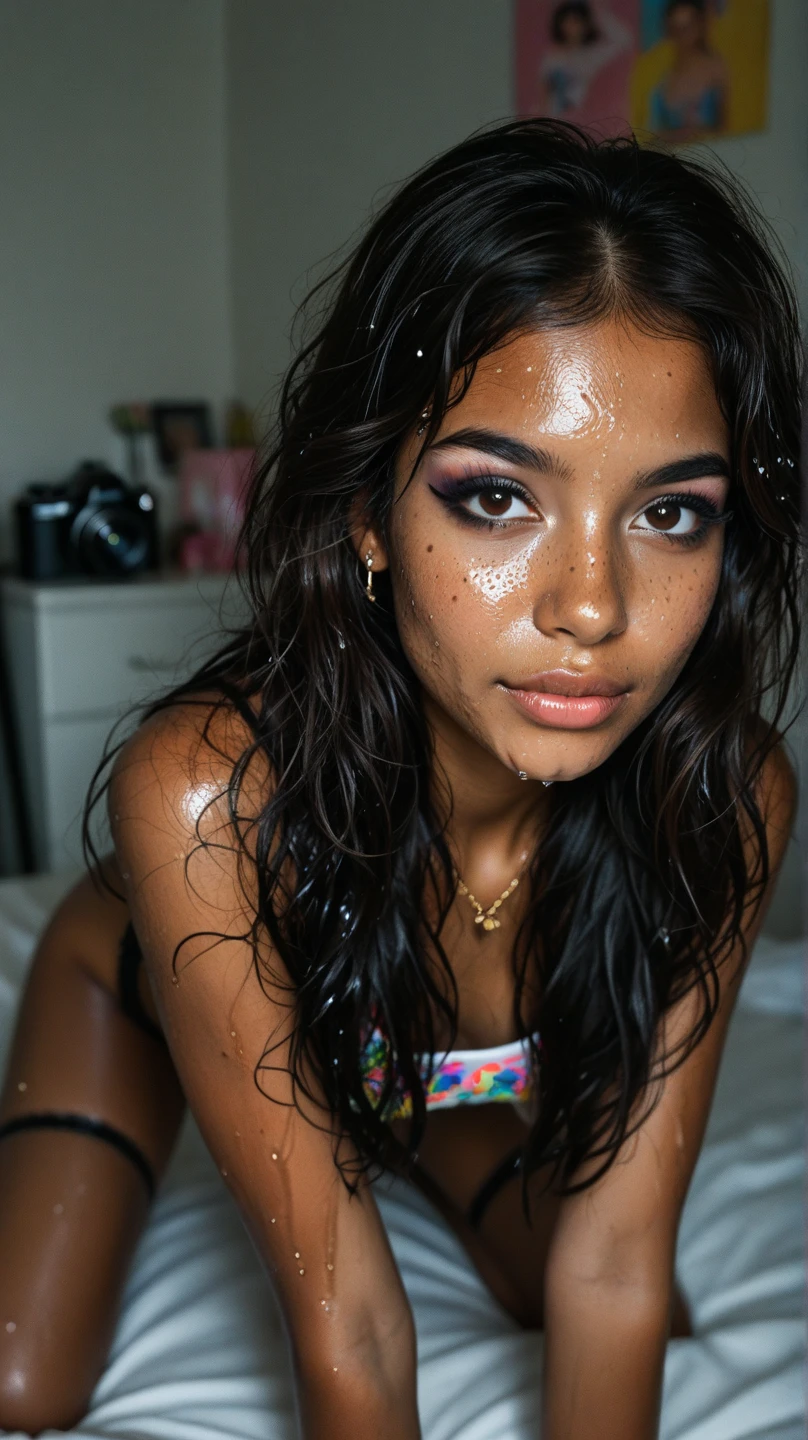 1girl, in laboratory, (18 years old), (Latina), dark skin, wide shot, long wavy hair, orgasm,breasts, (floral sun dress), (Masterpiece, Professional lighting, 16k, 8k wallpaper, raw photo, photorealistic:1.8, ultra detailed, natural lighting, detailed skin sexy pose, open mouth, big lips, night time, magic energy, neon light, orgasm, soaked, sweating, with freckles, crying, screaming