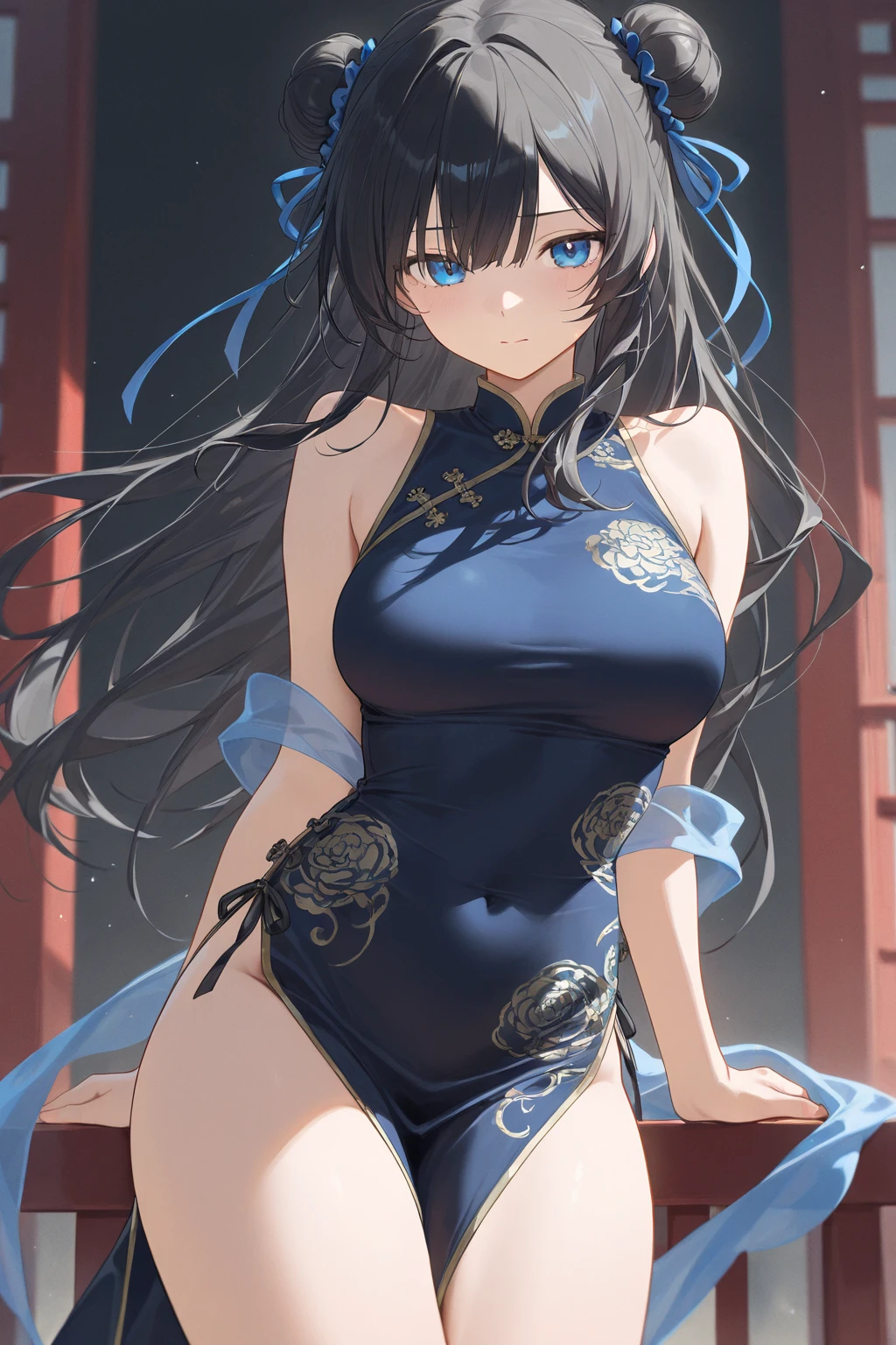 ((2D beautiful girl、top-quality: 1.2、Perfect fingers: 1.2、perfect anatomia: 1.1、Dress perfectly、face perfect: 1.1、4k、8k、top-quality、Perfect Finger 1.1、Perfect Anatomy 1.1))、Blur the background、(transform sequence)、((stright long hair))、Soio、Soio、12 year old girl、japanes、Lori、Chiquita、a junior high school student、A dark-haired、((white and blue chinese leotard))、(highleg)、Tiara on the head、A smile、 Standing、Facing the front、