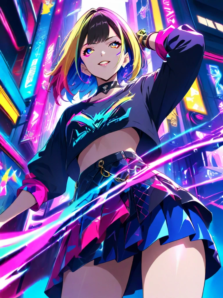(masterpiece, best quality),
girls,cute face,teen,kawaii,(random color hair,multicolored hair:1.2),(harajuku-style decora punk fashion:1.5),(girl with layered colorful clothing:1.3),(multiple hair clips),knee-high socks with different patterns),carrigyng a pulshie,walking at cyber tokyo city,dynamic pose for audience,(cowboy shot:1.0),