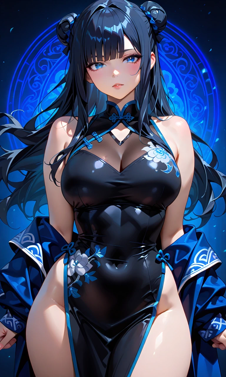 a beautiful blue and black kitsune, big breasts, long black hair, slim waist, detailed portrait, intricate details, dramatic lighting, mystical, elegant, sensual, long white tail, heterochromia (one blue eye, one red eye), His eyes would shine brightly, Surrounded by red energy fireflies, Wearing a one-piece swimsuit, covering herself up, very blushing and angry,