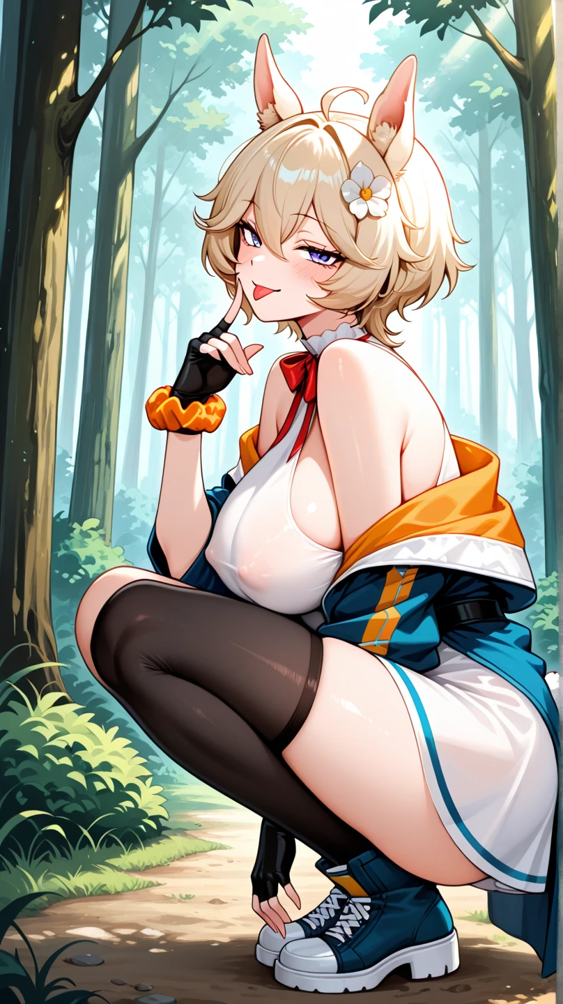 anime_source, (masterpiece), best quality, expressive eyes, perfect face, score_9, score_8_up, score_7_up, 1girl, beret, bianca \(pokemon\), blonde hair, blush, breasts, breasts apart, gloves, blurry background , green eyes, hat, high heels, large breasts, looking at viewer, navel, open clothes, orange bikini, orange footwear, orange jacket, shiny, shiny skin, short hair, slingshot swimsuit, solo, spread legs, squatting, swimsuit, thighhighs, thighs, white gloves, white legwear, yellow footwear, nsfw