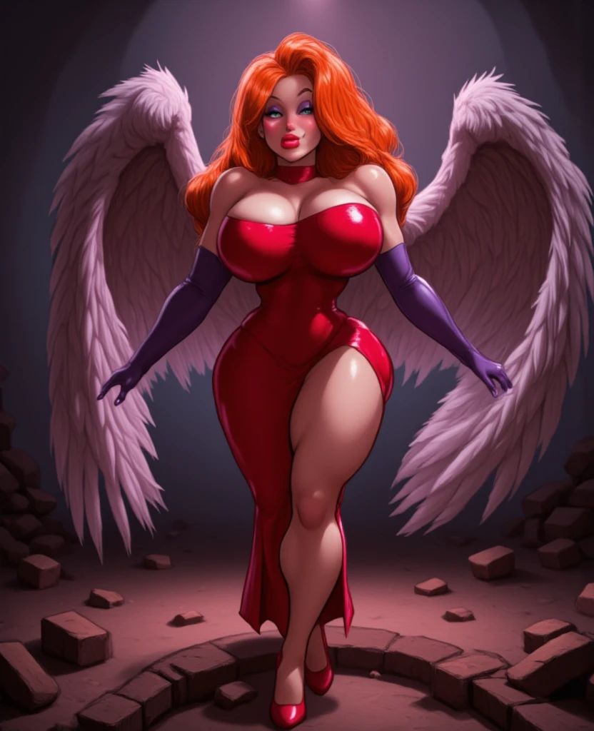 beautiful and seductive woman with long hair and wings, with goat legs and sharp fangs and red skin. Her eyes are very beautiful. She wears tight clothes, highlighting her feminine curves, and is incredibly attractive, capable of captivating and bewitching anyone, who will meet her gaze.