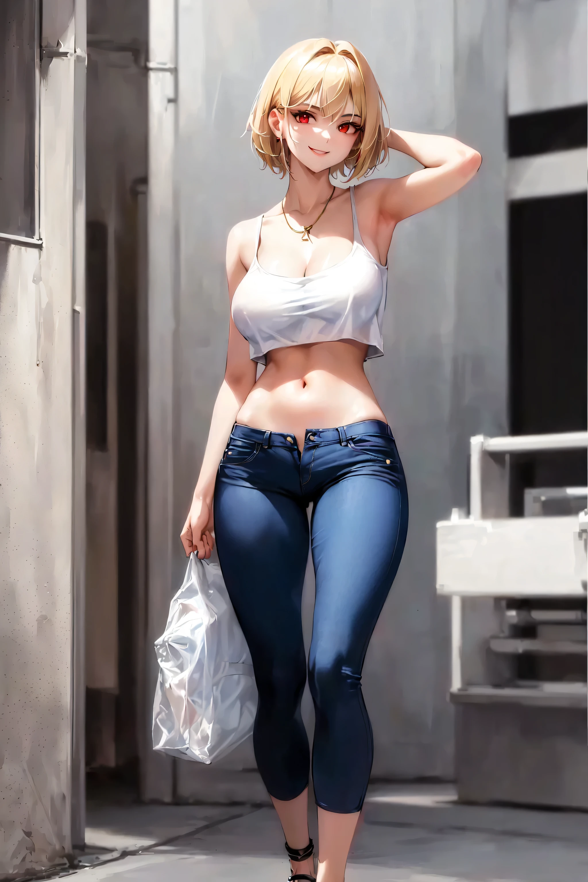 Create an image of a 20-year-old teenage woman .has sexy detailed body. He has an angelic face, red eyes,red pupules. White skin. its height is 1,70 meters and has a detailed physique with large, firm breasts. Her short blonde hair, just above your shoulders, Wear a white tank top, neckline, PANTS xolo azul, PANTS, visible navel, thing legs, thin legs, long legs, walking. The posture is straight and firm, looking towards the camera with a smile