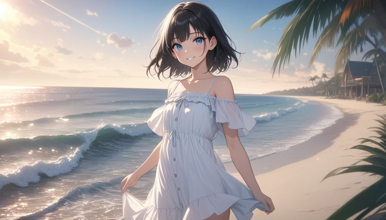 very cute and beautiful girl,(highly detailed beautiful face and eyes),white camisole,cute ruffle petticoat, dynamic pose,skirt fluttered in wind,(smile),happy,looking at viewer,black hair,beach,tropical resort, (best quality,masterpiece),absurdres,highres,ultra-detailed,extremely detailed,32k,8k resolution, intricate details,cinematic scene,detailed background,solo,dynamic angle, natural lighting,beautiful detailed sky,(realistic),