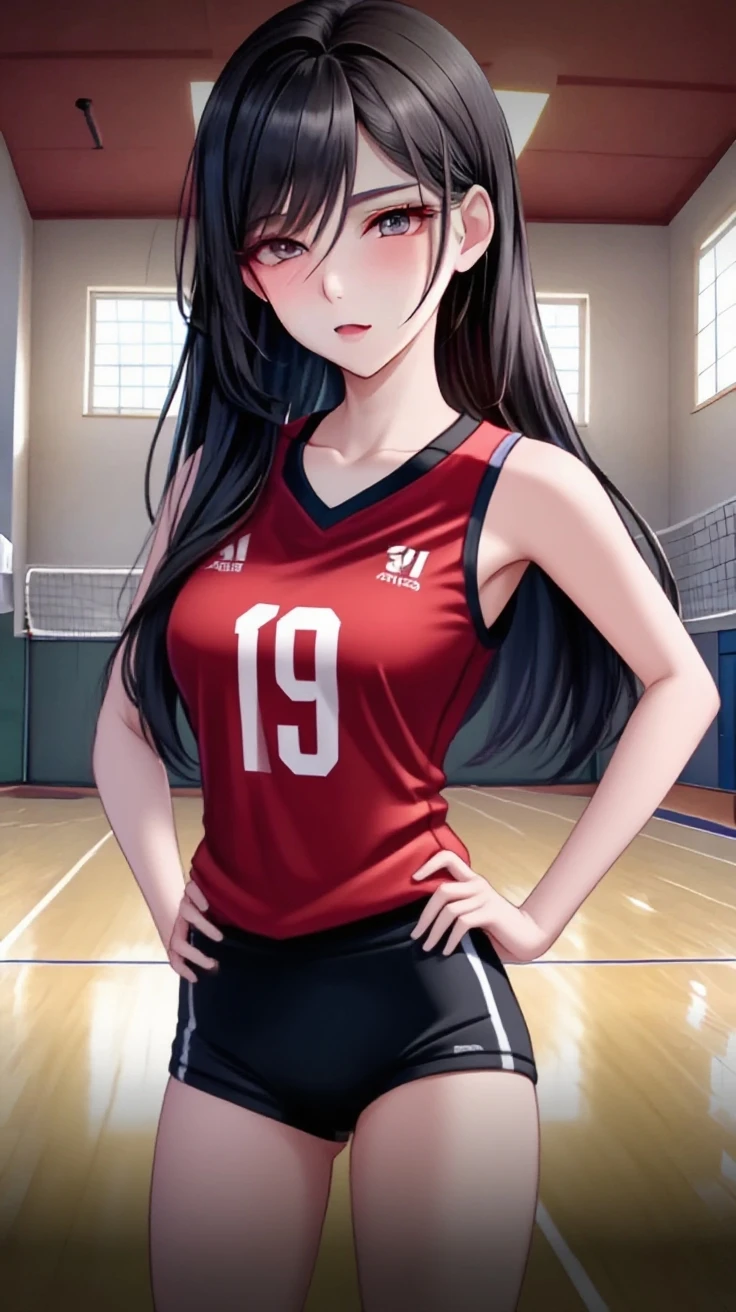 masterpiece, best quality, highres, depth of field, smiling, looking at viewer, 1girl, long hair, volleyball uniform, tall, indoor stadium, pureerosface_v1, ulzzang-6500, holding a volleyball,