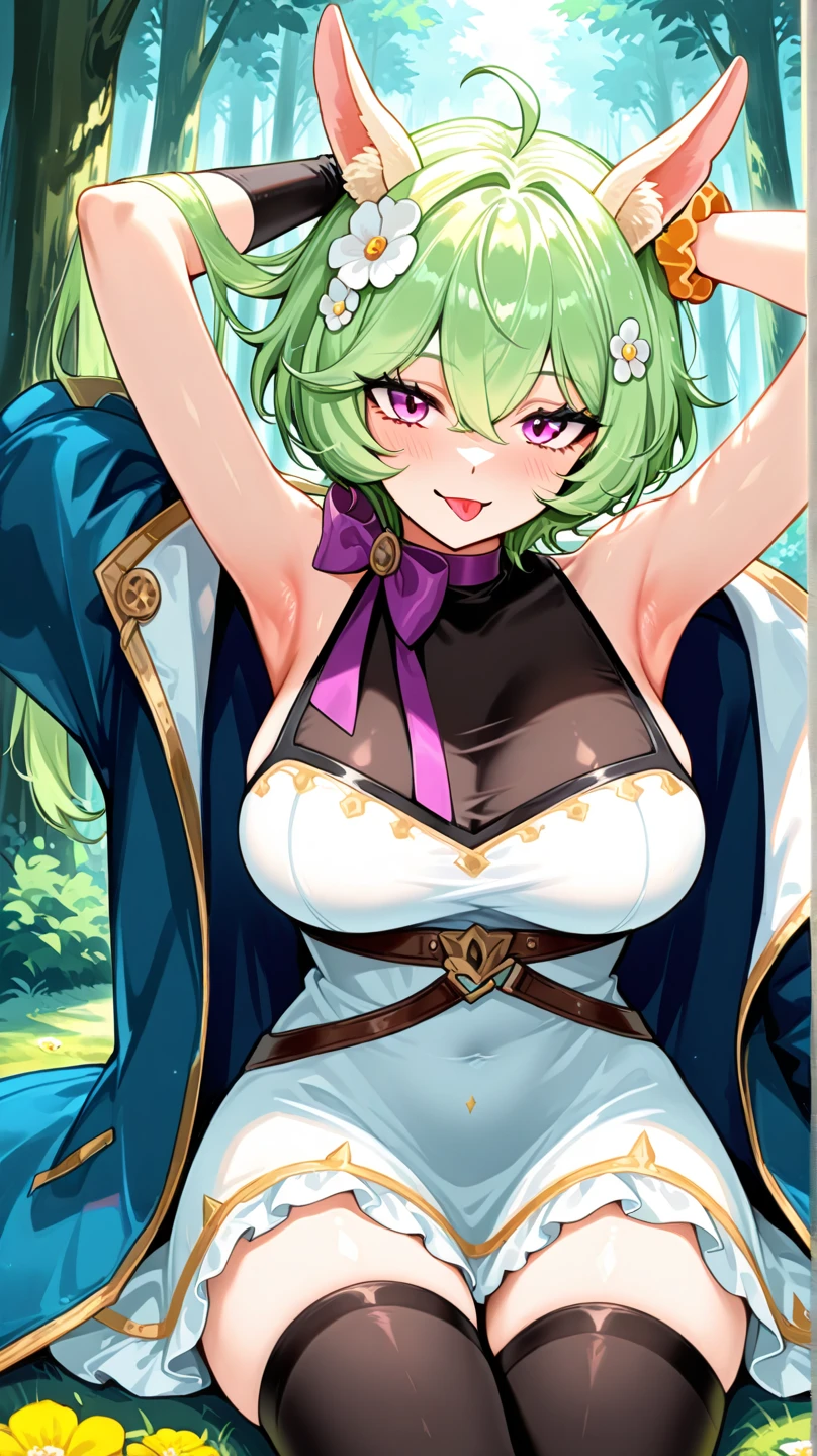 highest quality,wonderful,masterpiece,delicate,ultra high resolution,Super detailed,intricate details,beautiful,8K resolution,(Highly detailed CG Unity 8K wallpaper),sharp focus、anime、fiction、one woman、dark green hair、Dark green hair、short hair、Short Hair、Cat ear、Green Eyes、Vibrant Hair、Shaggy hair、Messy Hair、Vibrant Skin、Glowing Skin、 、Lolita、small、、、Short、Young、Beautiful Eyes、Glitter eyes、Shining eyes、happiness、Pleasure、smile、highest quality、very detailed、very realistic face、very realistic eyes、highest quality、very detailed、aperture body、Be beaten、beautiful feet、Outdoor、spring、nature、Big Breasts、Close-up of face、From the chest up、valley、Nipples are visible、Upper body naked、Green Skirt、I can see your shoulders、Grab your chest