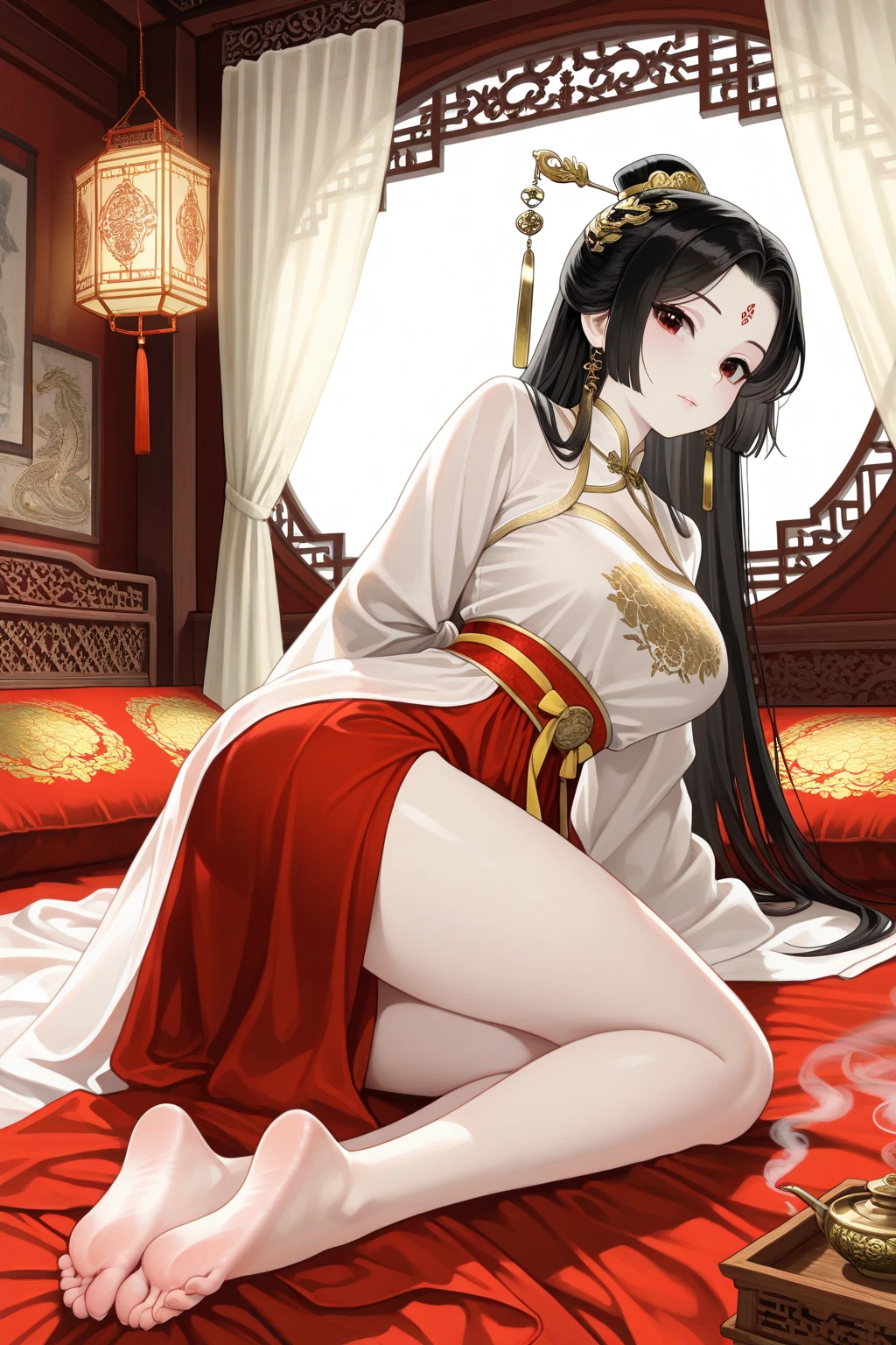 (masterpiece, best quality:1.2), ink Wuxia, solitary,full Body,Long hair,Lips，sitting，foot