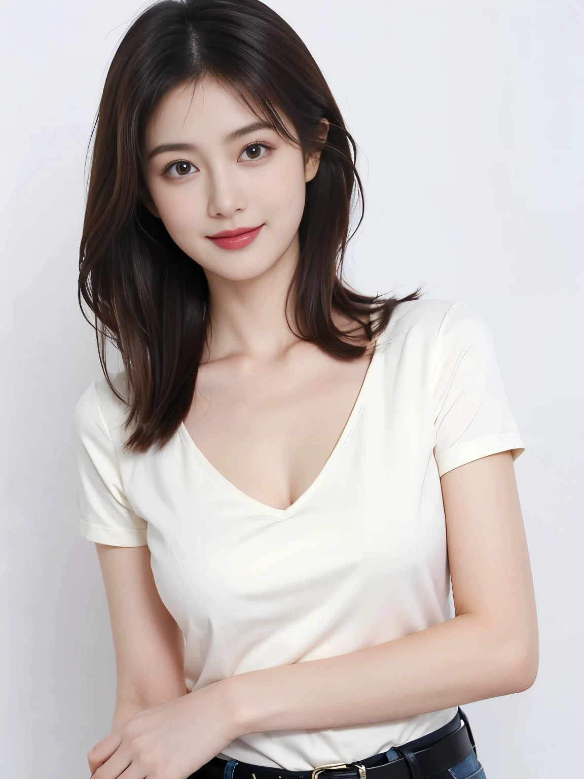 (masterpiece, best quality,:1.2), 2 girls, (solitary:1.3), Upper Body, Gray shirt, Short sleeve, , V-neck,Large Breasts,Cleavage,Smile,(fatal, Practical, real life, exception, Best aesthetics, new, newest, best quality, masterpiece:1.2), Soft_Light, Soft_skin_Tone, Miss_hair, (White background, Simple background,:1.2), belt,Half-length photo HD