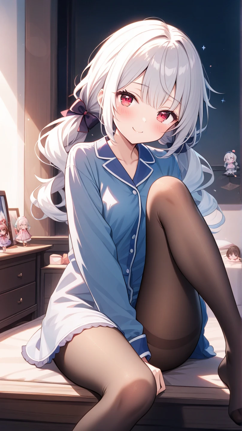 1girl, solo, long hair, looking at viewer, blush, bangs, blue eyes, long sleeves, bow, sitting, closed mouth, collarbone, jacket, hair bow, grey hair, thighs, frills, open clothes, indoors, hood, legs, book, bare legs, window, bed, on bed, stuffed toy, pink bow, blue jacket, pajamas, slippers, bedroom, izumi sagiri