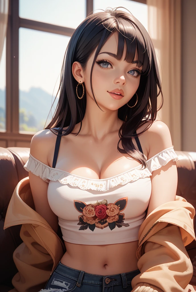 masterpiece, best quality, woman, half body, in bikini and a small cropped sweater, smile, blush, long dark hair, brown eyes, large breasts, navel, cleavage, room