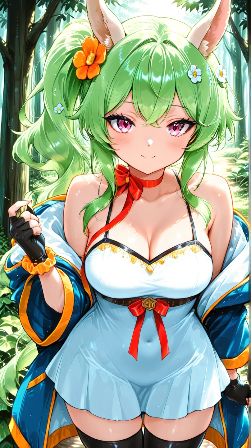 (MASTERPIECE), (Best Quality), (Super Detail), Official Art, One Girl, Lori with Pale Green Hair, Petite Little Girl, Lori, Green and Yellow See-Through Dress, Sleeveless, Off Shoulder, Small, Very Small Breasts, Small, Cleavage, Thigh Focus, Navel Out, The Lower Half of the Chest Is Bare Skin, Card Illustration, Wind