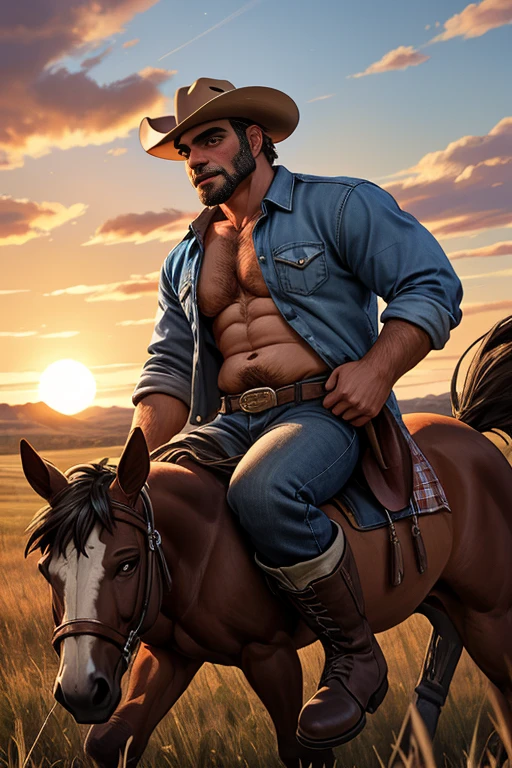 Green short hair, (male centaur), ((bodybuilder)), ((very muscular)), ((broad chest)), ((thick pectorals)), abs, small waist, , naked, ((big biceps)), ((large penis)), ((glans)), ((testicles)), ((nipple piercings)), desert, succulents, galloping, running, cowboy hat, bandana, plaid shirt, lasso, rope, (veiny horse penis:1.0), black horse