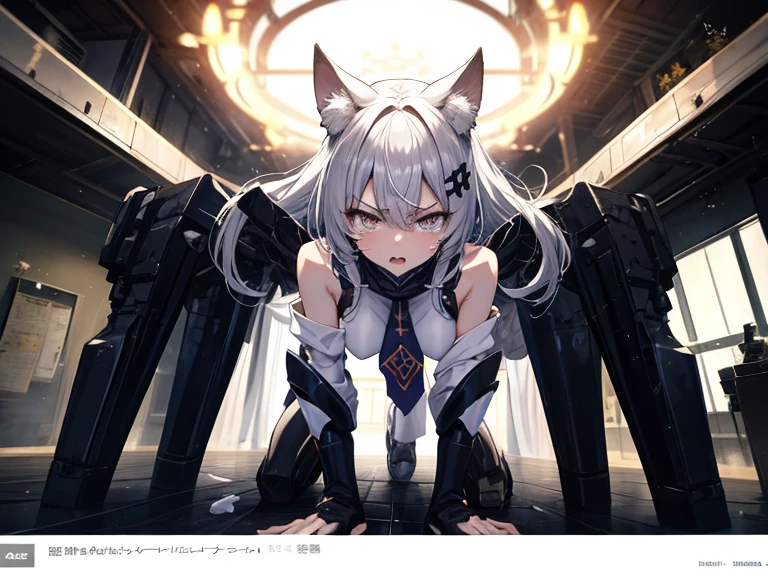 <lora:[prosthetic quadruped,Quadruped machinery,mechanical tail,mechanical parts, robot joints,hydraulic system,headgear,four feet]:1>,
prosthetic quadruped,Quadruped machinery,mechanical parts, robot joints,hydraulic system,four feet,all fours, 
1girl,headgear, solo,yellow eyes, glowing eyes, black hair, long hair,large breasts, 
full body, animal hands, light smile, street,cleavage, animal feet, mechanical tail, chain leash,