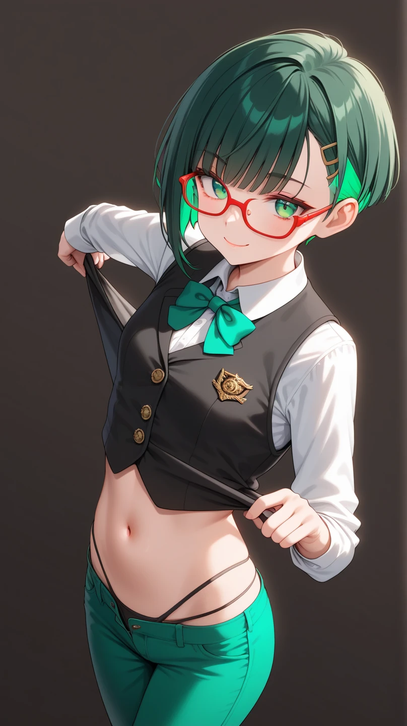 tmasterpiece, Best quality, A high resolution, ram1, 1 plump girl, Alone,, Short hair details, Green-eyed, Round glasses, hair covering one eye, collars, Mischievous expressions, , White cropped top, cropped cardigan jacket, Look at the groove, titmouse , wet tank top, groove briefs, Camel toes, transparent panty, Wet panties, Camel toes, Small under breasts, Lop, Sweated, upon body, hairflower, Outdoor sports, A sexy pose, Sensual, NSFW, impish smile, Perfect background, Perfect light,green fox ears,Green hair