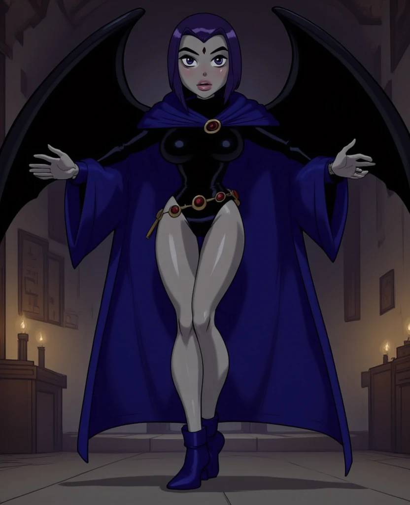 Demona, solo, black eyes, cowboy shot, photorealistic, (hyperrealistic:1.2), perfect eyes, perfect face, perfect lighting, seductive, huge wings, smirk,