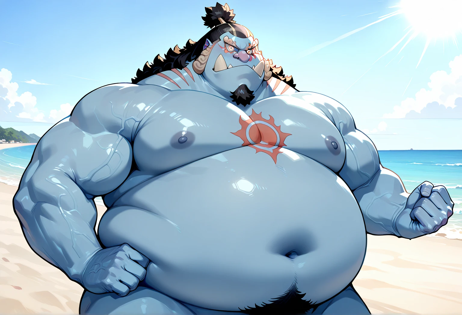 chubby man (jinbei), blue skin, muscular, (genital slit), tapering penis, multi penis, very long and hyper penis bigger than his body, gigantic penis, big penis, large penis, nude, big penis, hyper penis, large penis, huge penis, thick penis, long penis, longer penis, longest penis, hyper long cock, penis too long, hyper length penis, oversized cock, massive cock, pectoral, wide pectoral, realistic, 8k, masterpiece
