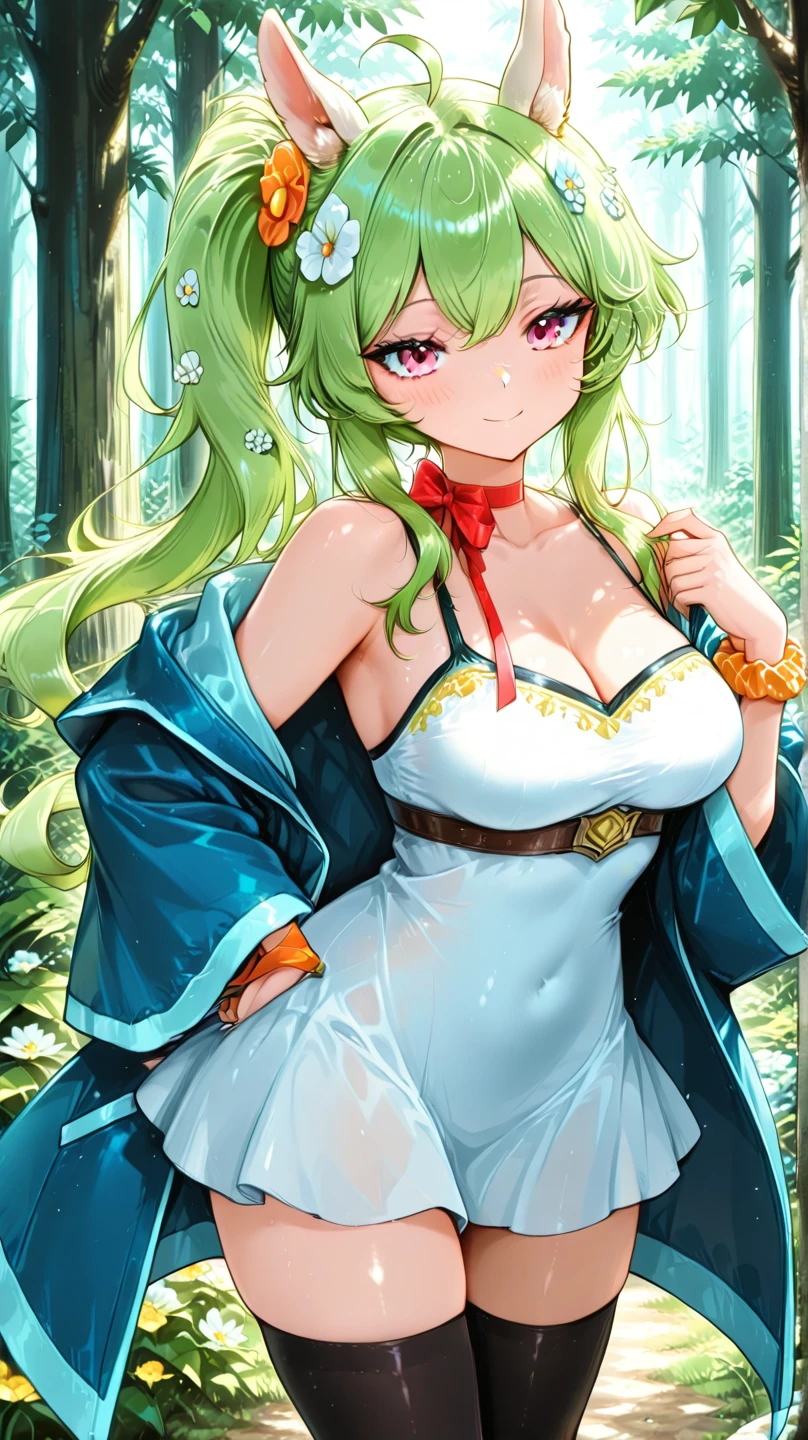 palla_easter, long hair, hair ornament,animal ears,deep cleavage,tail,flower,pantyhose,gloves,white gloves,hair flower,rabbit ears,leotard,fake animal ears,playboy bunny,rabbit tail,white pantyhose, green footwear,(large breasts:1.5),(shiny,hair),((solo)),((masterpiece)),((best quality)),perfect anatomy,slim waist,perfect image,8k UHD,(beautiful detailed eyes:1.5),extremely detailed face,standing,(upper body:1.2),(look at the front:1.5),arms behindback,ultra-detailed,absurdres,highres,outdoors,smile,light green hair,(green eyes),