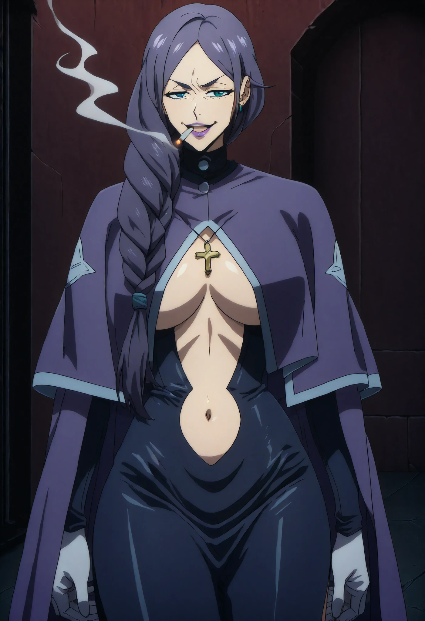 1girl,purple flower,hair flower,bangs,purple eyes,braid,mature female,makeup,eyelashes,hair over shoulder,black hair,two-sided fabric,fur trim,revealing clothes,large breasts,black dress,strapless dress,pelvic curtain,bridal gauntlets,detached sleeves,brown, 18yo,Young female,Beautiful Fingers,Beautiful long legs,Beautiful body ,Beautiful character design, perfect eyes, official art,extremely detailed CG unity 8k wallpaper, perfect lighting,Colorful,shiny skin, (masterpiece:1.0),(best_quality:1.0), ultra high res,4K,ultra-detailed, photography, 8K, HDR, highres, absurdres:1.2, Kodak portra 400, film grain, blurry background, bokeh:1.2, lens flare, (vibrant_color:1.2), (beautiful_face:1.5),(narrow_waist), ,NSFW, nipples, smiling, blushing, topless, sitting, spread legs, cameltoe, turned around, facing away, ass bent over