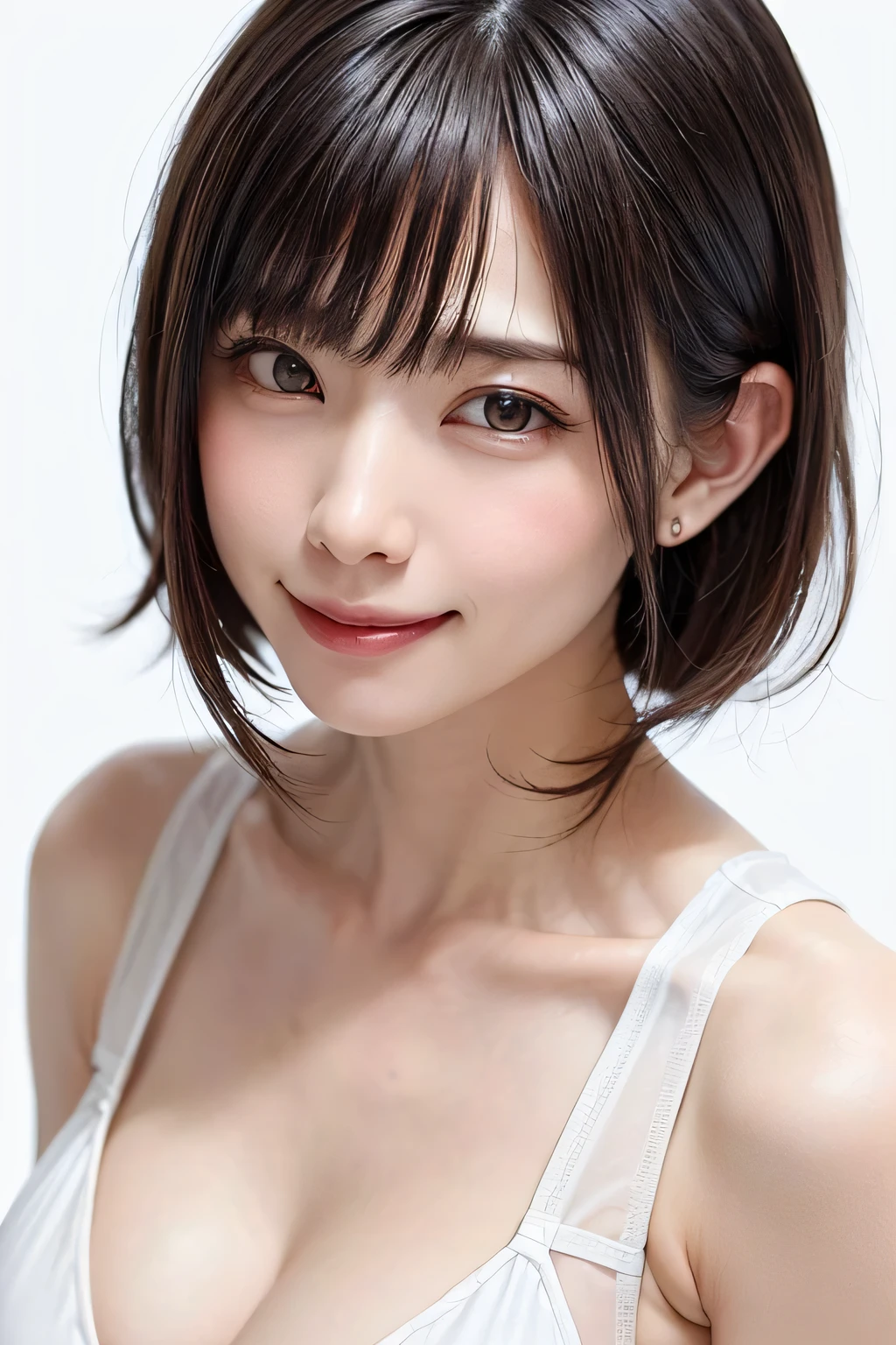 (table top, highest quality、ultra high resolution、face focus focus、focus on the sides、navel focus、decolletage focus、very attractive beauty、Adds intense highlights to the eyes、look closely at the camera:1.4、Absolutely beautiful bangs:1.4、Brunette short bob hair with bangs:1.4),1 girl, Report, black haired, realistic, looking at the viewer, pale black eyes, short hair, lips, lip gloss, Upper body、Big eyes、eyelash)、((italian natural background、hyper real stick:1.4))、((short hair with bangs:1.4、Beautiful bangs with 46 points:1.4、{Huge|big|Hugeな|mega} chest:2, cleavage:2、Big eyes、Give students very powerful highlights、very bigger chest、look at the audience、very beautiful beauty、show me your ears、beautiful long neck、beautiful decollete、smile、A smilee beautiful teeth、Open your mouth and smilee))、28 years old、very cute super model、perfect anatomy