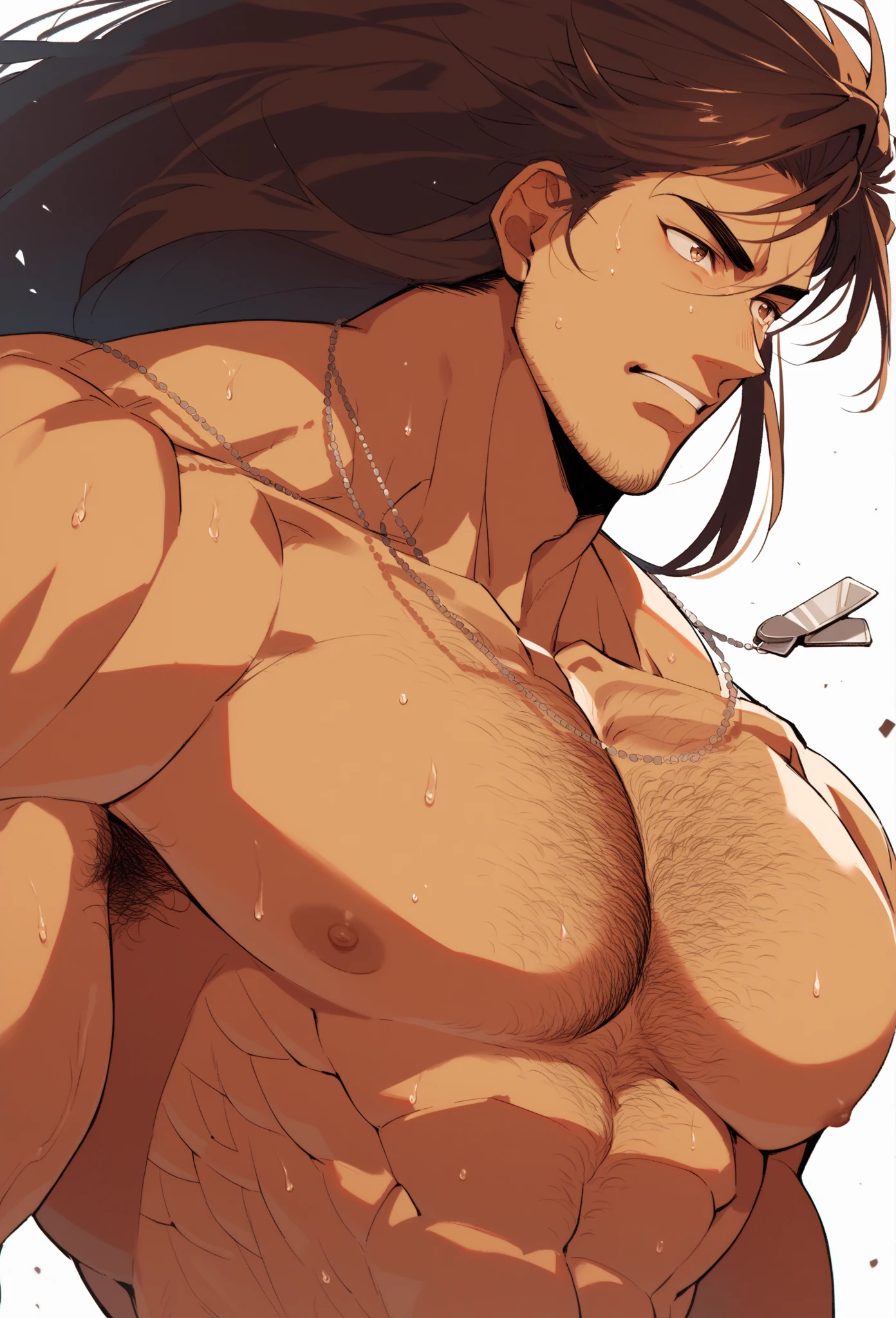(naughty man) (long black hair) (Eyes red) (muscled body) (hair on the abdomen) (armpit hair) (wears a black leather jacket) (White tank top) (blue jeans)