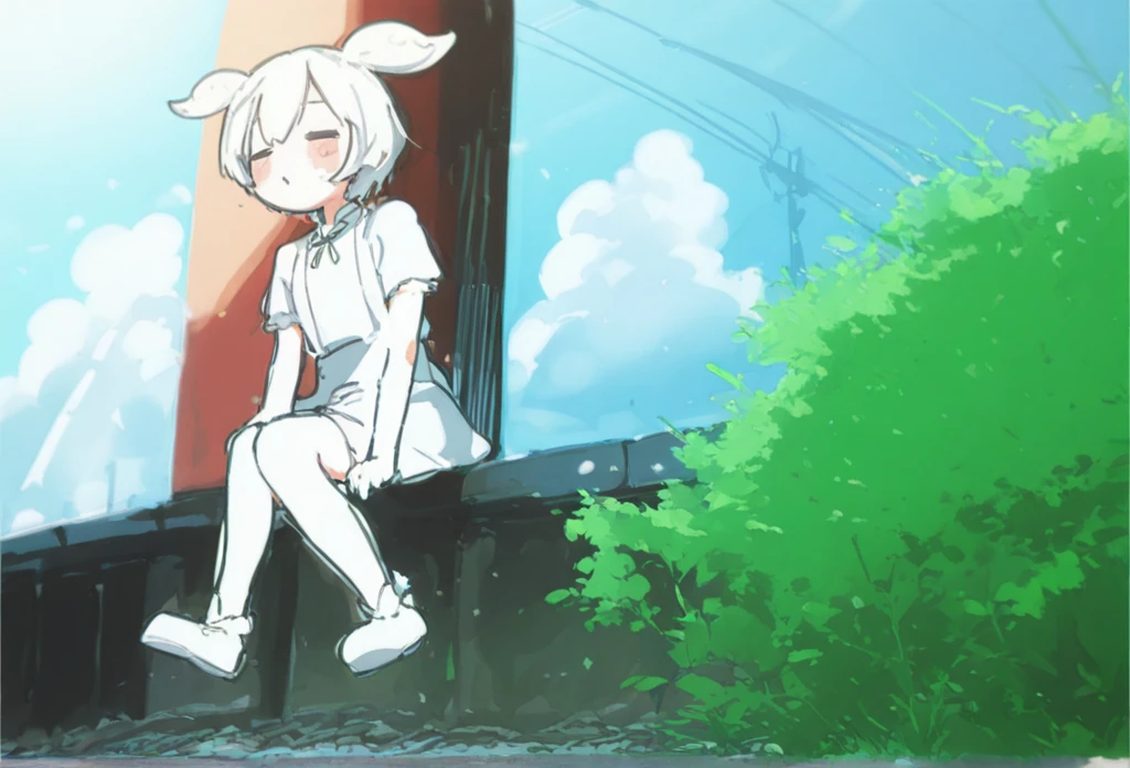 1girl, solo, yuran, yuran_face, yuran_body, yuran_ear, yuran_tail, furry, rabbit ears, rabbit nose, :-<, serafuku, outdoors, <lora:yuranv6-000004:1>