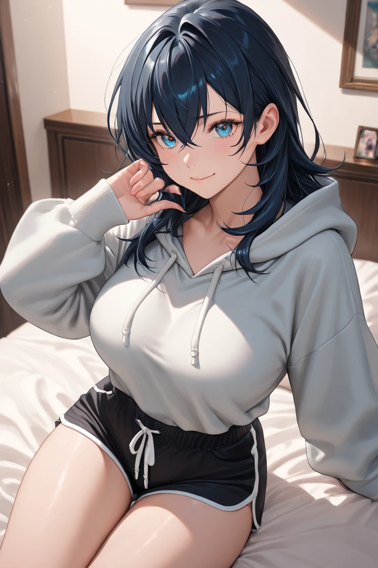 ,(masterpiece,Highest Quality),Light blue hoodie,(gypsy skirt),shortsleeves,A dark-haired, sleep on the bed, rug white bed