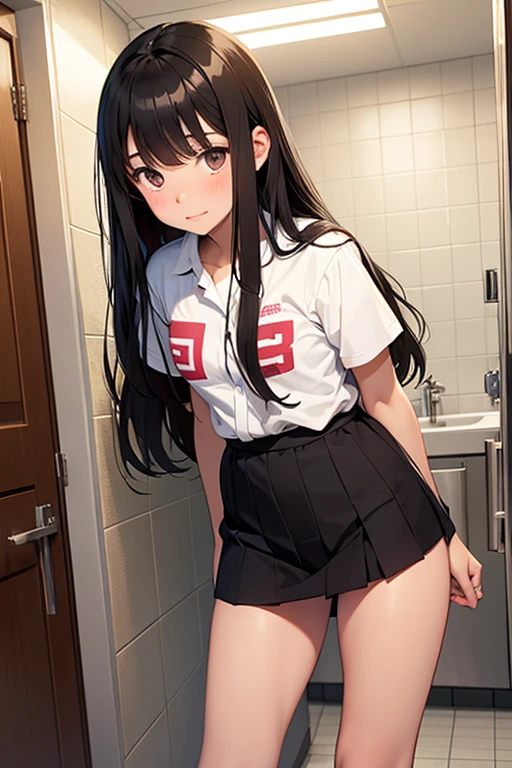 Yukimi, 10., Long Hair, Blunt bangs, Flat Chest, Expressionless, shy, whole body, Highest quality, (randoseru backpack:1.4), School classroom、pussy、Angle from below、(pussy:1.4)、(Masturbation:1.4)、(male'Head between thighs:1.4)、Striped pattern、Embarrassing、Small nipples