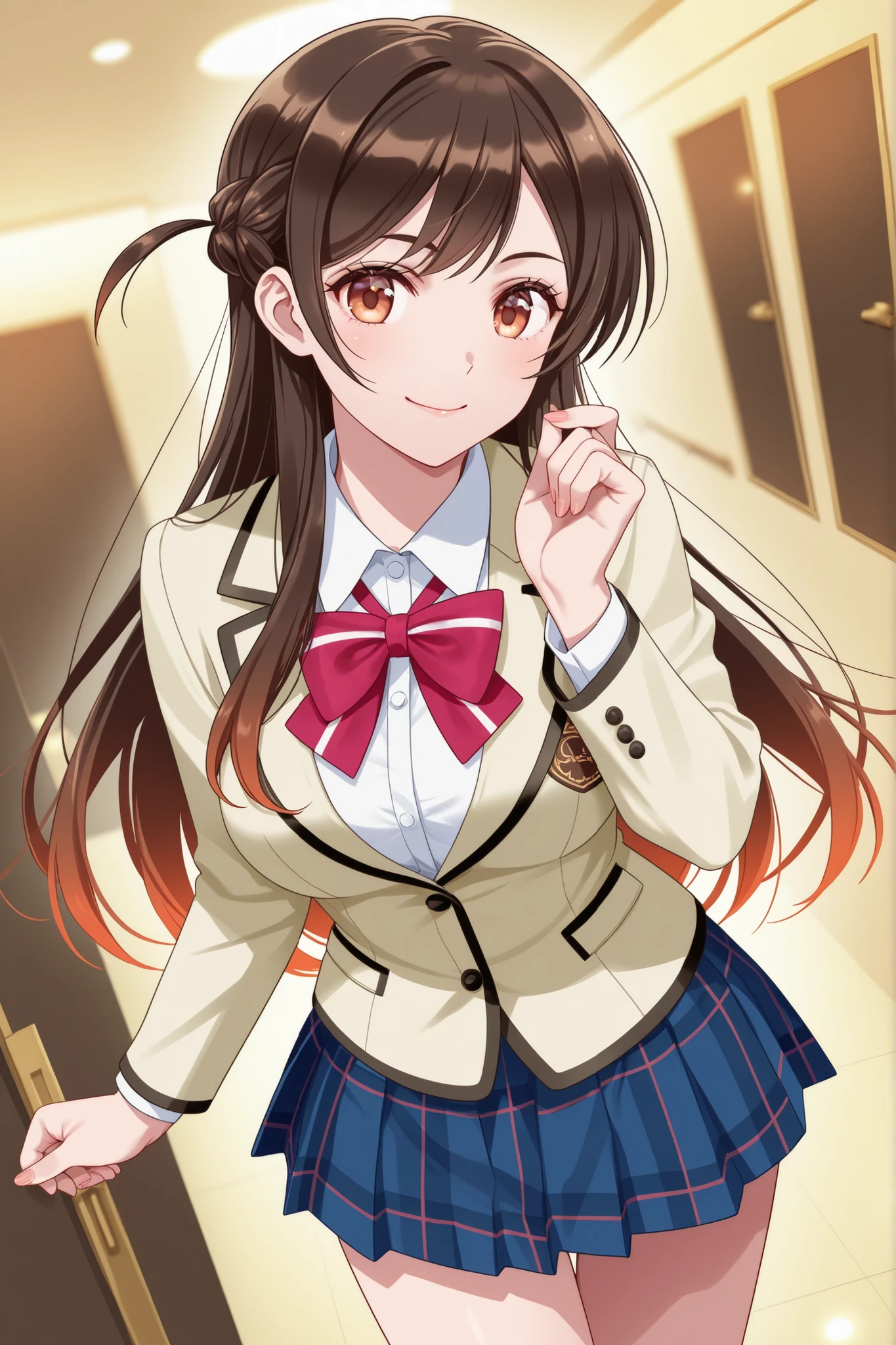 Brown-haired Japanese female high school girl uniform、Luxury Resort Hotels、Mysterious Smile、Mizuhara Chizuru