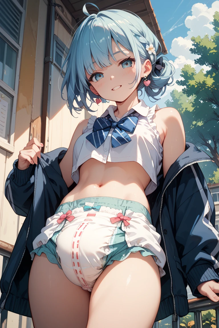 (​masterpiece、Highly detailed 8K CG、Sharp lines)、hi-school girl、blue hairs、cute little、serafuku、White underwear and dark blue skirt、skirt rift、panties on、skinny  body、Thin leg、thighs thighs thighs thighs、Sexy poses showing anime style、Beautiful anime schoolgirl、A seductive anime girl、Smooth Anime CG Art、Beautiful anime schoolgirl、Beautiful anime girl、Long-sleeved sailor suit、Wearing a cardigan、Navy blue pleated mini skirt、autumnal、Colored leaves、Curve、No bra、(Lifting skirt、White lace panties visible:1.2)、thighs thighs thighs thighs、(Navel Ejection:0.4)、Dynamic Pose Beautiful and perfect legs, Clean and perfect hands、Straight short hair、One eye is hidden by bangs、Black pantyhose、Wear black stockings、White panties showing through black stockings、(Clearly visible detailed female pubic shape: 1.4)、very Bigger breasts、Colossal tits、Exposing all your boobs、Delicate body、Height 150cm、Thin leg、Sad smile