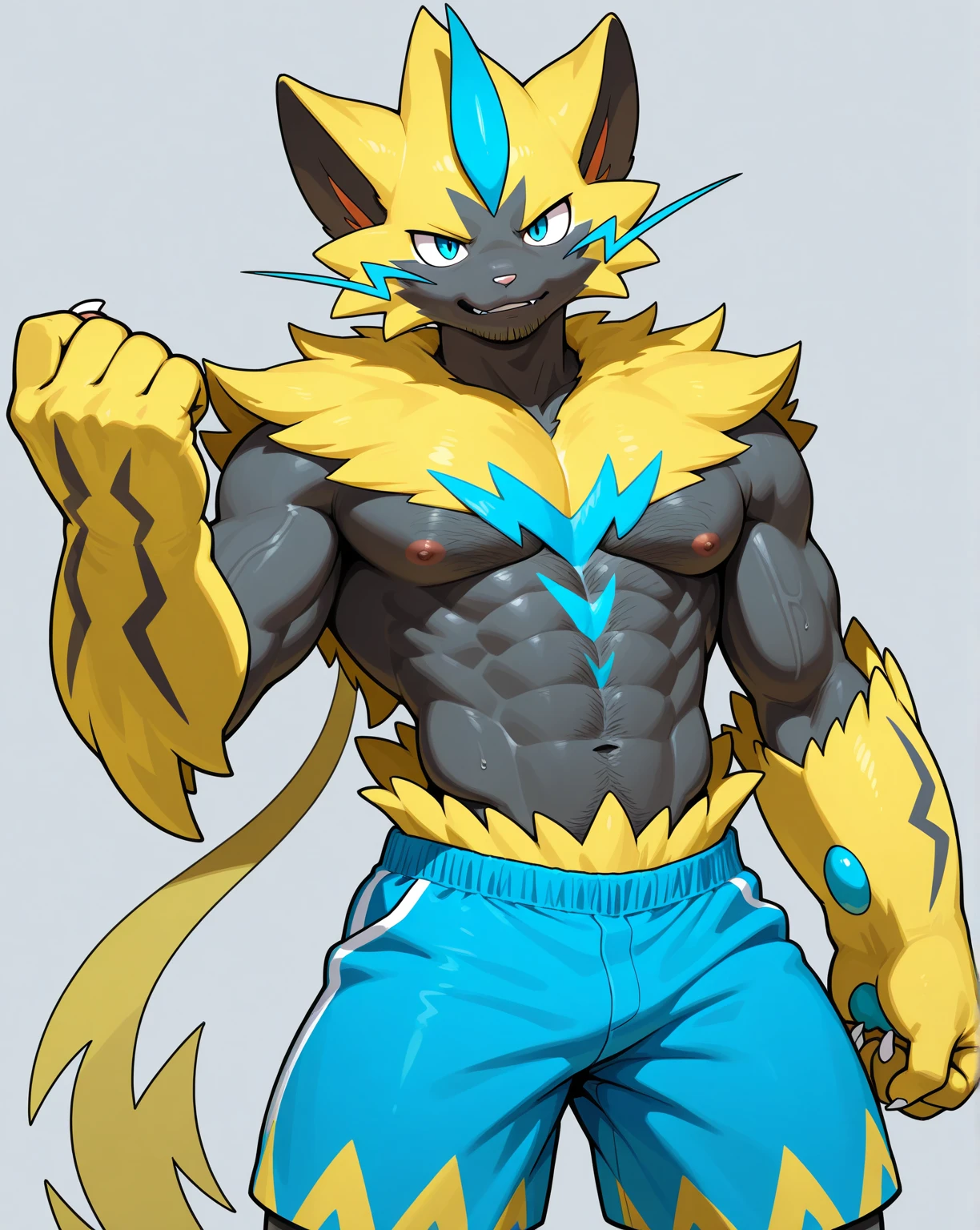 zeraora, tiny black thong, bulge, standing, smile, male, muscular