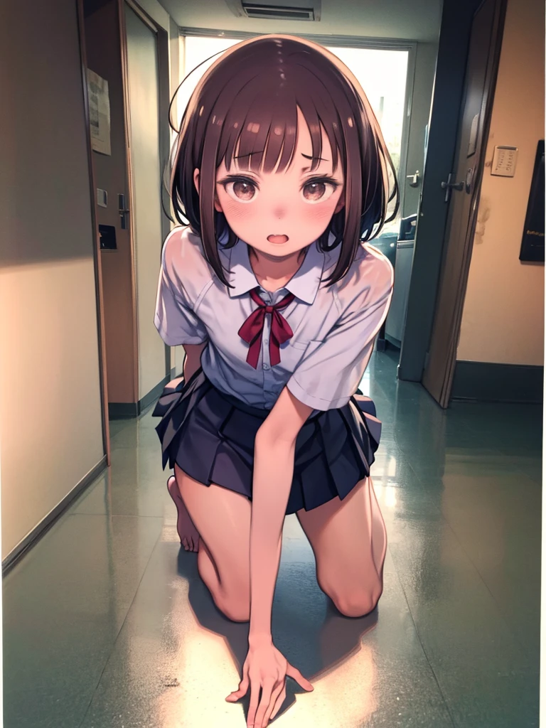 1girl, (suminoe_ako:1.3), sitting, (knees up:1.5), solo, blush, upper body, closed mouth, skirt, white shirt, (red necktie:1.0), looking at viewer, (brown:1.0), short sleeves, arms behind back, (white panties:1.2), (small breasts:1.3), (covered nipples:1.3), ?????? outline