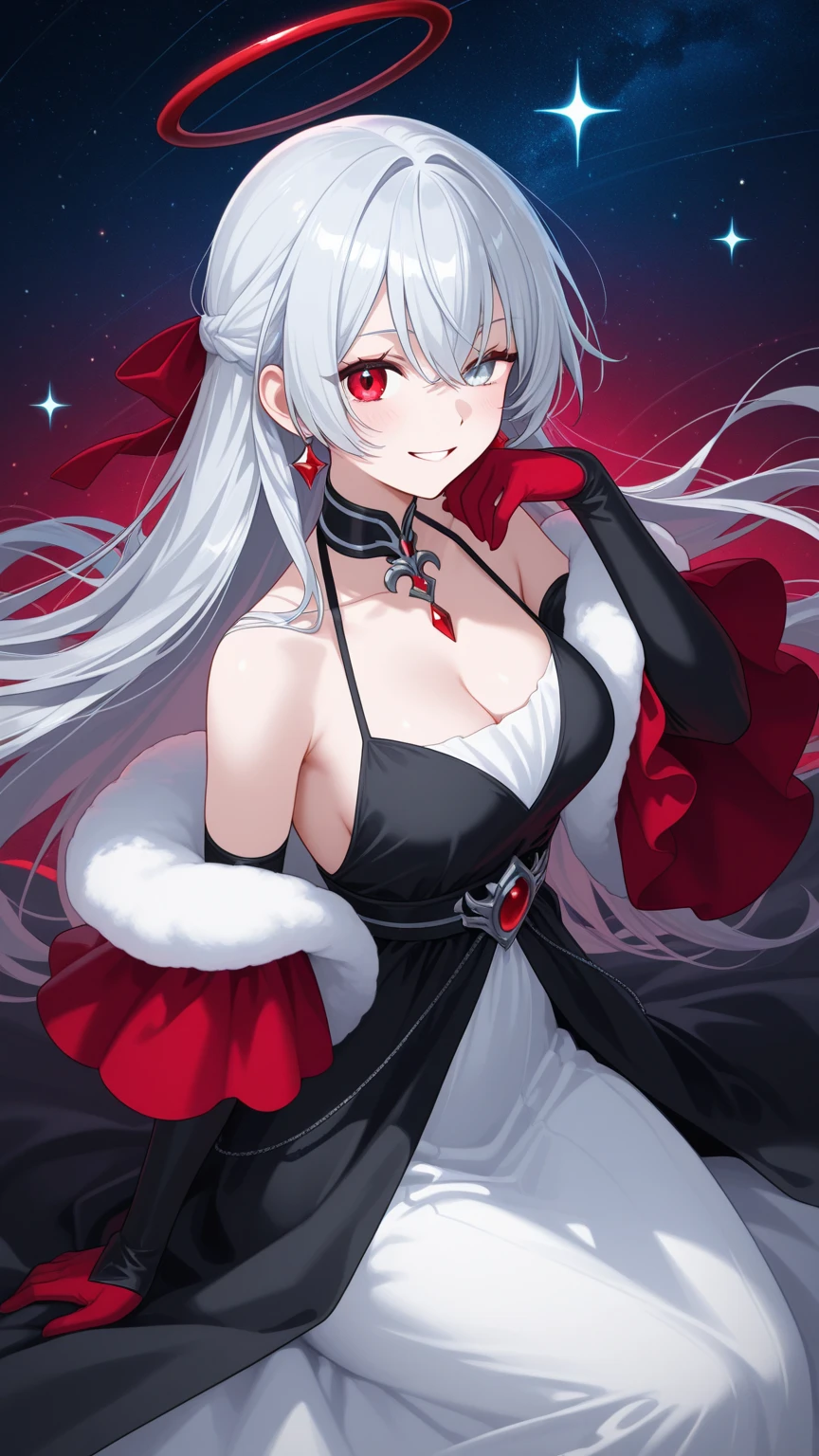1 girl、Detailed facial details,Cat ear,White long hair,red lips,Slim,Wearing a white dress,Large Breasts,With red bow tie,Charming red eyes,,handcuffs,collar,Radiant Skin,stage,Magic show