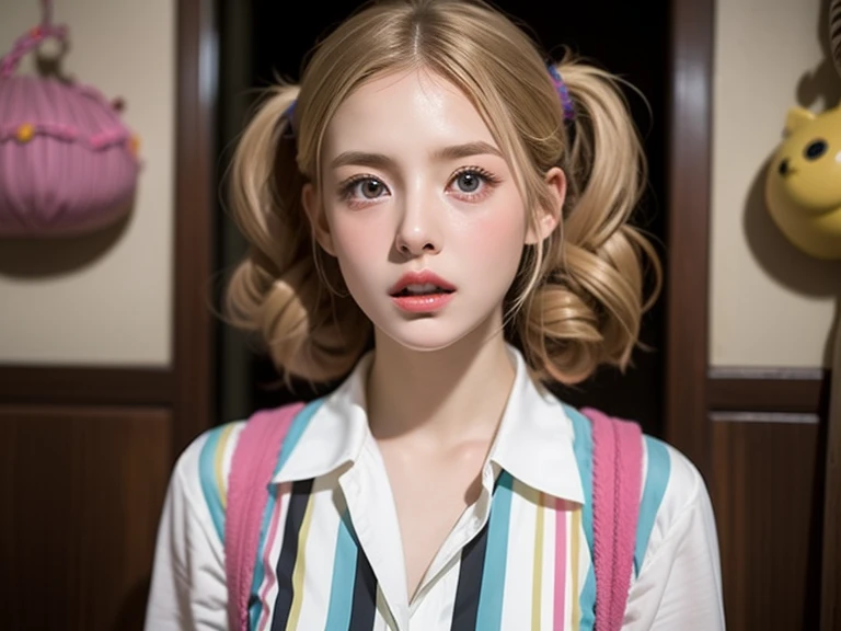 There is a young GIRL 12 YEARS OLD, with a pink bow on her head, twintails hairstyle, pigtails hairstyle, two pigtails hairstyle, blonde hair with pigtails, curly bangs and ponytail, Lalisa Manobal, pigtail, wearing pink hair bow, pigtails hair, pigtails, hair in pigtails, kawaii playful pose of a dancer, 'white background'!!!
