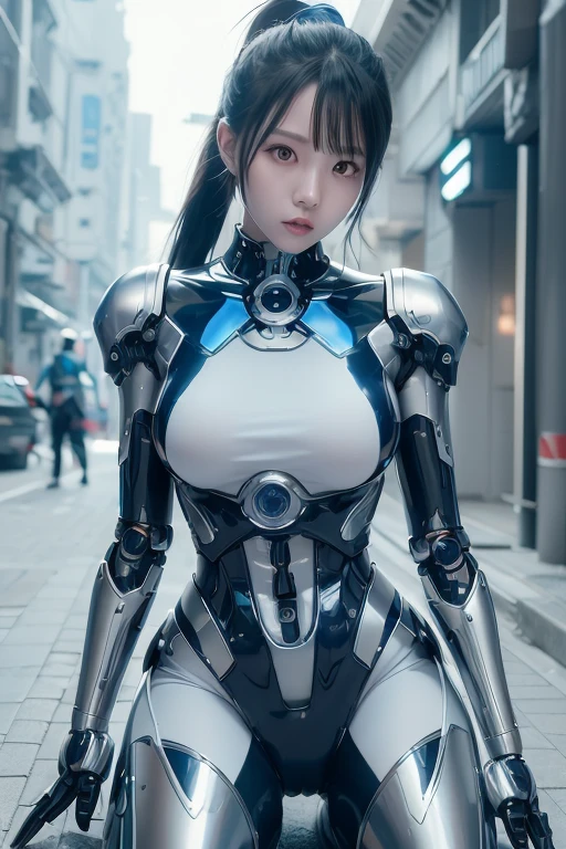 highest quality、masterpiece、Super high resolution、(Photoreal:1.4)、((beautiful girl:1.6)), 全身cyborg少女1体、16 years old、no human、((The only skin part is the face)), glowing eyes、((Lots of split metal chest protectors)), Metalrobot、((全身が戦闘robotの体))、((ボディパーツはrobotパーツ:1.8))、((The internal mechanisms of the chest are exposed)), ((Mechanical chest armor with LED indicators and meters)), robotの腕と脚、((露出したMetal骨格 of the abdomen))、頸部のMetal骨格、Under repair、destroyed body、Metalメカニカルブラ、全身Metalスキン、metal bodysuit、全身を覆うMetal鱗、Metal製のボディ、全身Metal、beautiful girl、prosthetic hand、prosthetic leg、全身cyborg、露出したMetal骨格、asian beauty、cyberpunk、steampunk、downtown at night、SM Room、Complex 3d rendering beautiful porcelain profile ultra detailedd female type android face、dark brown hair、glowing skin、((Super realistic details))、Portrait、global illumination、Shadow、octane rendering、Metal、複雑な装飾のdetailed、日本のdetailed、very intricate details、realistic光、CG Society Trends、purple eyes、shining eyes、towards the camera、ネオンのdetailed、mechanical limbs、blood vessels connected to tubes、mechanical vertebrae attached to the back、cervical vertebrae mechanically attached to the neck、sit on top、Wires and cables connecting to the head、gundam、small led lamp、masterpiece、 Metalrobot、Metal製のボディ、全身Metal、prosthetic hand、prosthetic leg、全身cyborg、露出したMetal骨格、asian beauty、cyberpunk、steampunk、downtown at night、SM Room、Complex 3d rendering beautiful porcelain profile super detailedd female android face、cyborg、robot部品、150mm、Soft light in a beautiful studio、rim light、vivid details、gorgeous cyberpunk、Ren Hao、超realistic、anatomical、facial muscles、cable wire、microchip、elegant、beautiful background、octane rendering、HR giger style、8K、highest quality、masterpiece、enlightenment、very delicate and beautiful、 非常にdetailedなCG、unity、wallpaper、(realistic、Photoreal:1.37)、amazing、detailed、masterpiece、best quality、official art、Highly detailedd CG unity 8k wallpaper、absurd、incredibly absurd、、robot、silver beads、Full body Esbian、standing