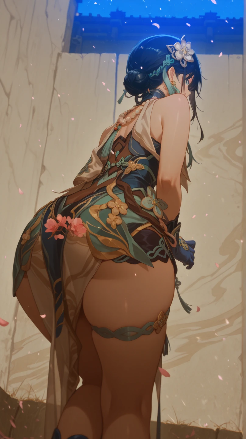 1girl, Angle from below:1.8, (((close up crotch:1.2))), The girl bends forward to show off her breasts、legs apart, (Blade), (Tanned shiny black skin:1.6)、Glowing Eyes, ((Sexy evil grin)), (10 years old girl), blondes、Twin tails、forehead、Small breasts, hat, ((((arabian clothes, see-through)), (microphone headband), (Areola Slip), small breasts, (jewelry)))、desert, ((sahara))、((Arabian Dance))、(手を頭の後ろで組む)、arm pits, (ass),