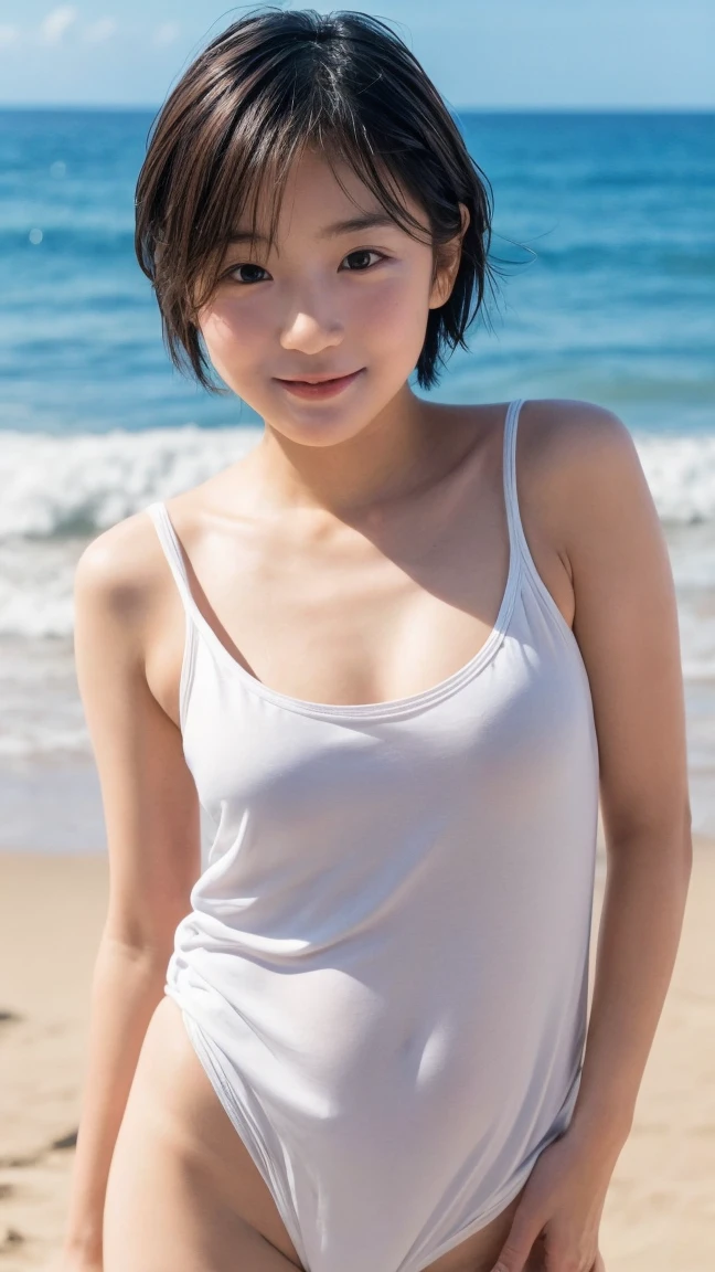 Highest quality、超A high resolution、(Photorealistic:1.5)、1 girl、Wet white t-shirt、T-shirt shows through and underwear is visible、Shortcuts、Bob、(Brown Hair:1.2)、(Big Breasts:1.2)、Whole Body Ezbian、Bad Eyes、Smile、With the beautiful sea in the background、Wet Skin、Wet Hair、Lying on the sand on the beach, (Fascinating), ((exciting: 1.5)), Spread your legs in an M shape,