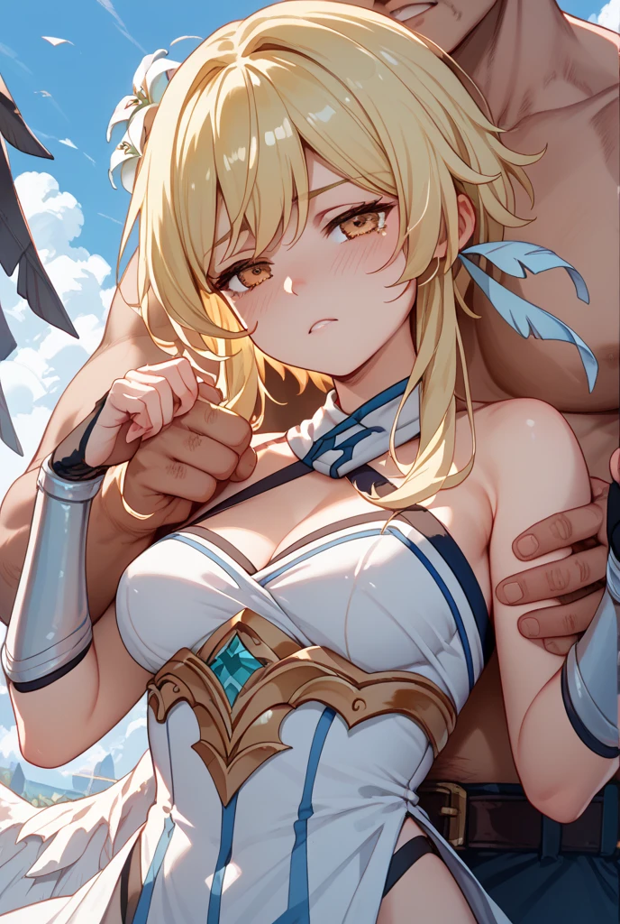 {{{nsfw:1.5}}},a cute girl, {arms up,chain, chained, chained arms} , stone floor and wall, prison,detailed wall, blush,embarrassed, sweatdrop, {{{Crying a lot, Sweaty, orgasm face, cute}}} ,perfect lighting, high detailed skin, gleaming skin, (large boob:1.2), {{bras}}, disheveled black bra, ((full back panties)) ,trousers, stomach, navel, kazama iroha, blonde hair, fingerless gloves, gloves, sarashi, thighhighs, japanese clothes, white thighhighs, skirt, haori, black gloves, hairband, bangs, sheathed, pleated skirt, ponytail, chest sarashi, breasts, sheath, blue eyes, hair between eyes, black hairband, hair ornament, leaf hair ornament, long sleeves, covered navel, miniskirt, wet, (legs up:1.7),(open legs:1.5) , ((breast close up)),