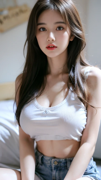 masterpiece: 1.25, best quality, high resolution:1.35, original photo:1.2, Reality:1.37, Surrealism, 16K, ((1 Girl)), Cute face, Long eyelashes, Delicate eyelashes, Eyeshadow, Glowing eyes, Realistic eyes, Natural Makeup, Clear facial features, Curvy body, Skinny, slim body, Delicate and beautiful eyes: 1.2, Happy expression, Ulzan, thigh, Glowing skin, Photon Mapping, Realistic lighting, Cowboy shooting, (Random Color Camisole), Super short skinny jeans, Show armpits, Full and perky breasts,Cleavage:1.2