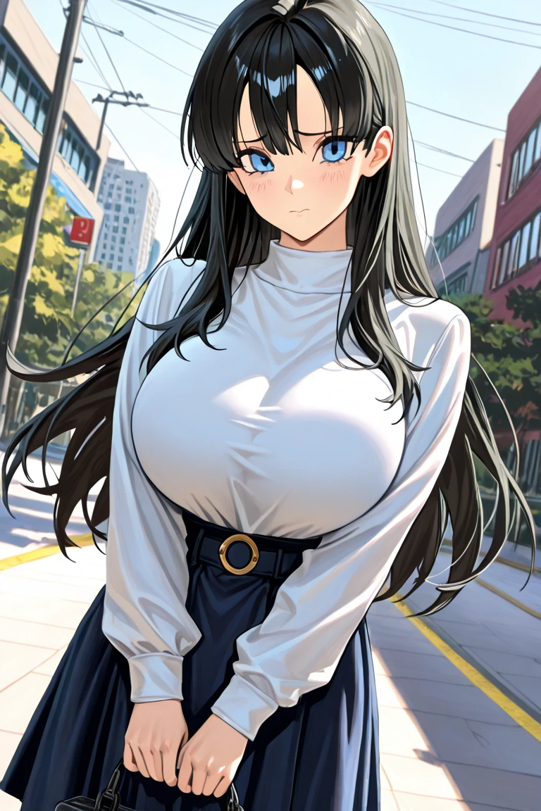masterpiece, Highest quality, High resolution, Long Hair, Brown eyes, clavicle, Collared shirt, White shirt, Rolled up my sleeves, Pleated skirt, Blue Skirt, mini skirt, smile, Outdoor, masterpiece, Absurd, Super detailed, Anna Yamada, One girl, alone, Long Hair, blush, (Large Breasts, Big Breasts), Black Hair, Long sleeve, Brown eyes, , Jacket, White shirt, Pleated skirt, Collared shirt, (Realistic:0.35), blush, smile, Powerful laughter
