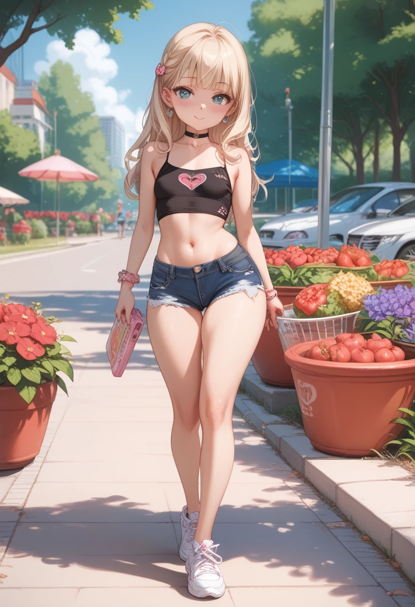 masterpiece,highest quality,official art,Highly detailed CG Unity 8K wallpaper,one cute tanned girl,black bra,black bikini,Flat chest,Navel exposed.,toned body,barefoot,私inside the city,ponytail,blonde,wearing sunglasses,smile,smiling face,face is turning red,Empty-handed,Sunlight hits,light is reflected on the skin,standing at a crosswalk,((Ultra Wide Angle Photography)),((straighten your legs)),The entire body fits compactly in the center,full body,Many people々