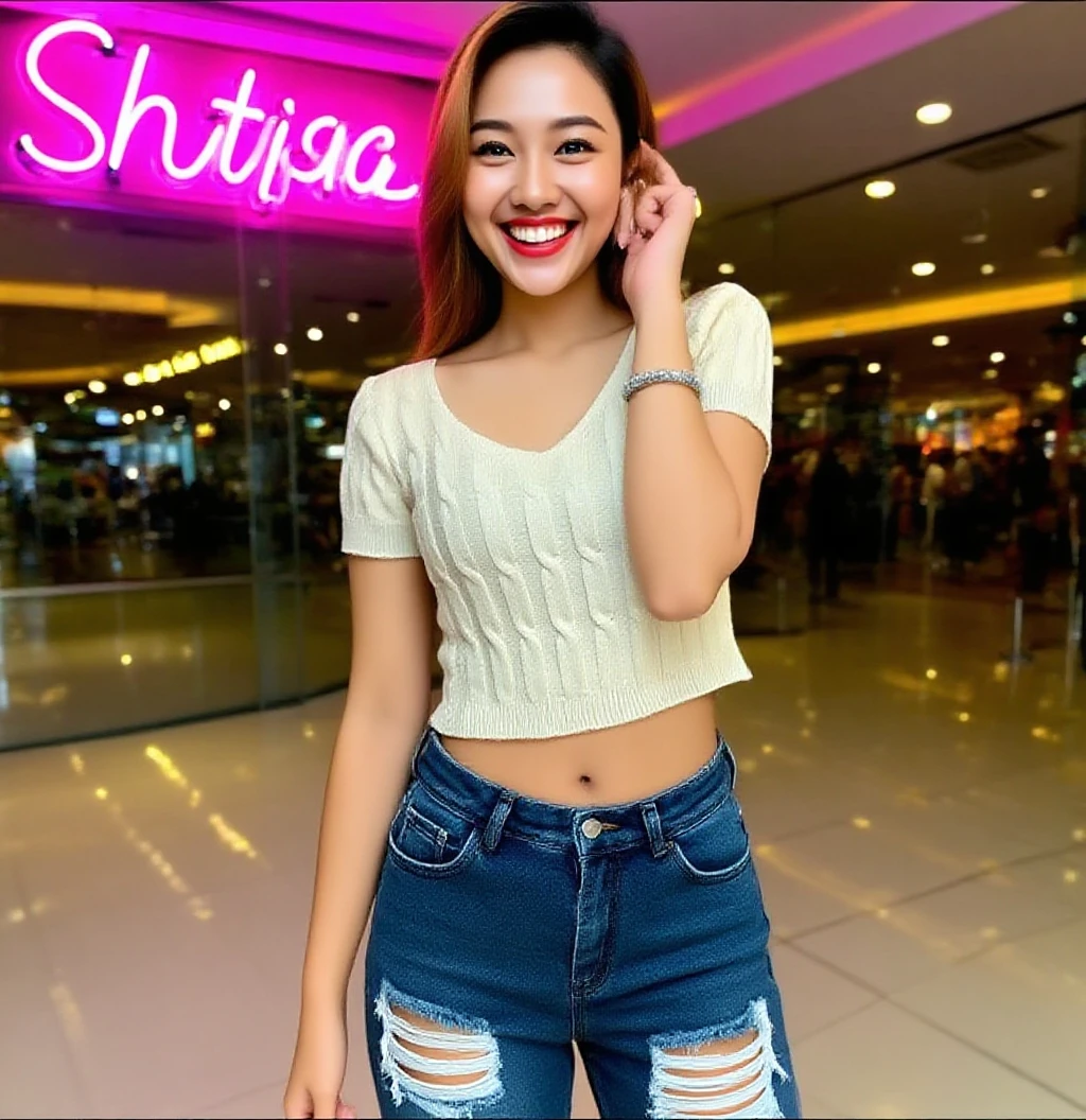 Malay girl, very long white hair,wear soft blue Mini peplum Dress , laughing and posing with hand on head, touching her own head, wear handbag, from back view, windy, detail skin, age spot, detail skin texture, mole below eyes, small breast, flat chest, wide hips, small waists, thick thighs, thick legs, beer belly, beautiful body, nighttime, laughing, happy, bright lighting, crowded cafe, blur background, bokeh, high quality, ultra detail, 8k, photorealistic, movie shot framing, cinematic,