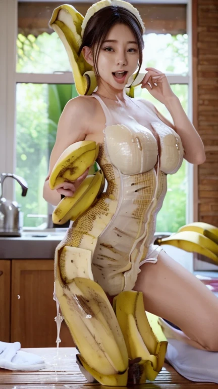 High quality, no mutation, perfect lighting, perfect sexy body, a sexy girl, having an elegant long loose brown hair, beautiful face, wearing only a sexy boack apron and tight laced pink underwear, she is holding a big banana with her left hand and thrusting that banana inside her mouth, her left hand is pulling her side lace of her panty