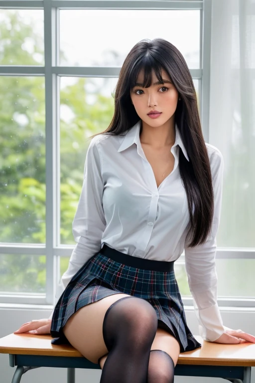 (Masterpiece), (realist), (ultra realist), (Best Quality), (8k), ultra detailed, UHD, RAW, beautiful+beautiful+female, most beautiful Asian woman, (very beautiful woman), (most beautiful woman), most beautiful (beautiful female) cheeks, round face, (rizado ondulado largo realist (negro) Hair), (marrón realist_eyes), large eyes, (realistic ultra detailed beautiful monolid eyes), Camila Luddington:0.3, Eva Longoria:0.4, double eyelids, redondo (very thin) Eyebrows, negro eyeliner, vulnerable and happy expression, exhausting (Checkered mini skirt) & (White shirt) & (negro ballerina-shoes), White studio photoshoot, White_bottom