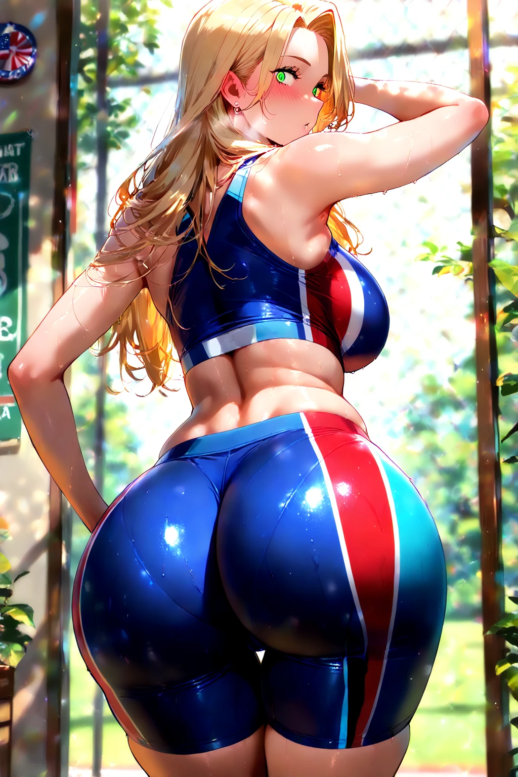 (work of art, highest quallity, best qualityer, offcial art, beautiful and aesthetic: 1.2), (1 girl), extremely detaild, (Fractal Art: 1.3), More Detailed, lower body focus, slow body, HDR, ), Vivid visual effects, (dynamic stripes, Luminous traces: 1.2), Back Viee, Kale, hip focus, sexly, Broad Hips, thick figure, Completamente Kale, abdomen,  muscular, in this, in this focus. looking ahead at viewer,  looking back, face detailed, detailedeyes, face perfect, perfects eyes, annie leonhart, wearing general overalls, general overalls, thighs exposed 