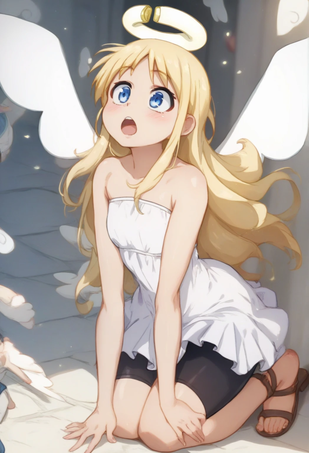 <lora:Crimvael:0.6> Masterpiece, best quality, little young boy, floating, (White dress:1.1), flat chest, black lycra shorts, flushed, scared, broken halo, evil smile, long blonde hair, 2 angel wings on the back, barefoot, gas lamps, dim lighting, background medieval tavern