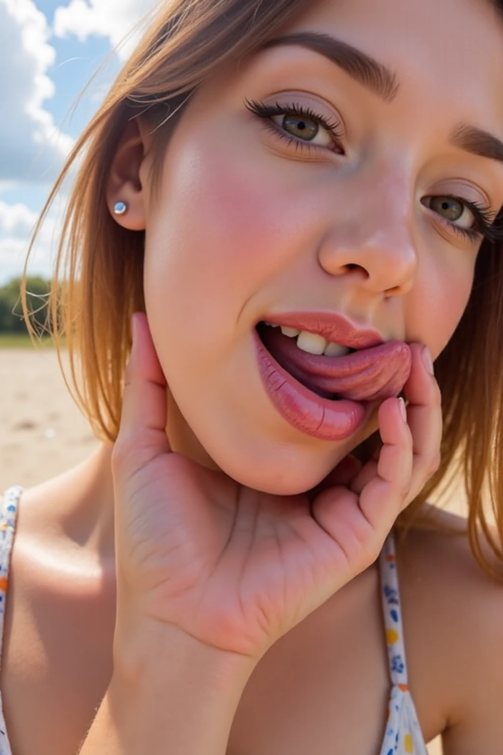 (GeGe:1.9), (woman), (brunette), (brown eyes), (freckles:1.4), score_9, score_8_up, score_7_up, score_6_up, 8k, very detailed, high detailed texture, depth of field:1.3), volumetric lighting, photo, realistic, photorealistic, , beautiful woman, players perspective, Lens Flare, f/2.8, 50mm, Leica, (Masterpiece, Top Quality, High Resolution:1.1), score_9, score_8_up, score_7_up, score_6_up, score_5_up, score_4_up, Long hair, brown hair, curly hair, brown eyes , (tongue out), open mouth, pink slingshot bikini, huge breasts,score_9, score_8_up, score_7_up, 1girl, skinny, size difference, huge penis on face, (cumdrip), testicles, awe, breast press, cheek press, veiny penis, choker, blush, saliva, big pink lips, shiny skin, wet, blushing, beautiful , beautiful face, cock worship, admiring cock Beach background Looking up at viewer, pov, ((male pov)) (((Camera pov))) (((instagram live))), ((social media)) Cum, excessive , hyper cumshot