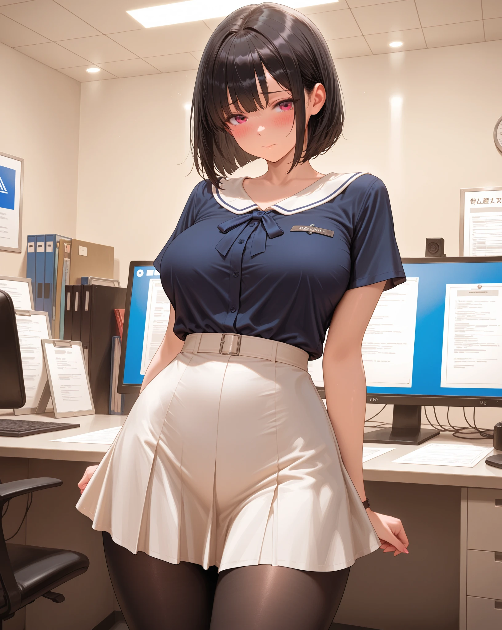 ENA (Joel G), 1 girl big breasts breast enlargement breasts white T-shirt black suspender skirt blushing and smiling looking at the camera full-body shot standing alone at the station