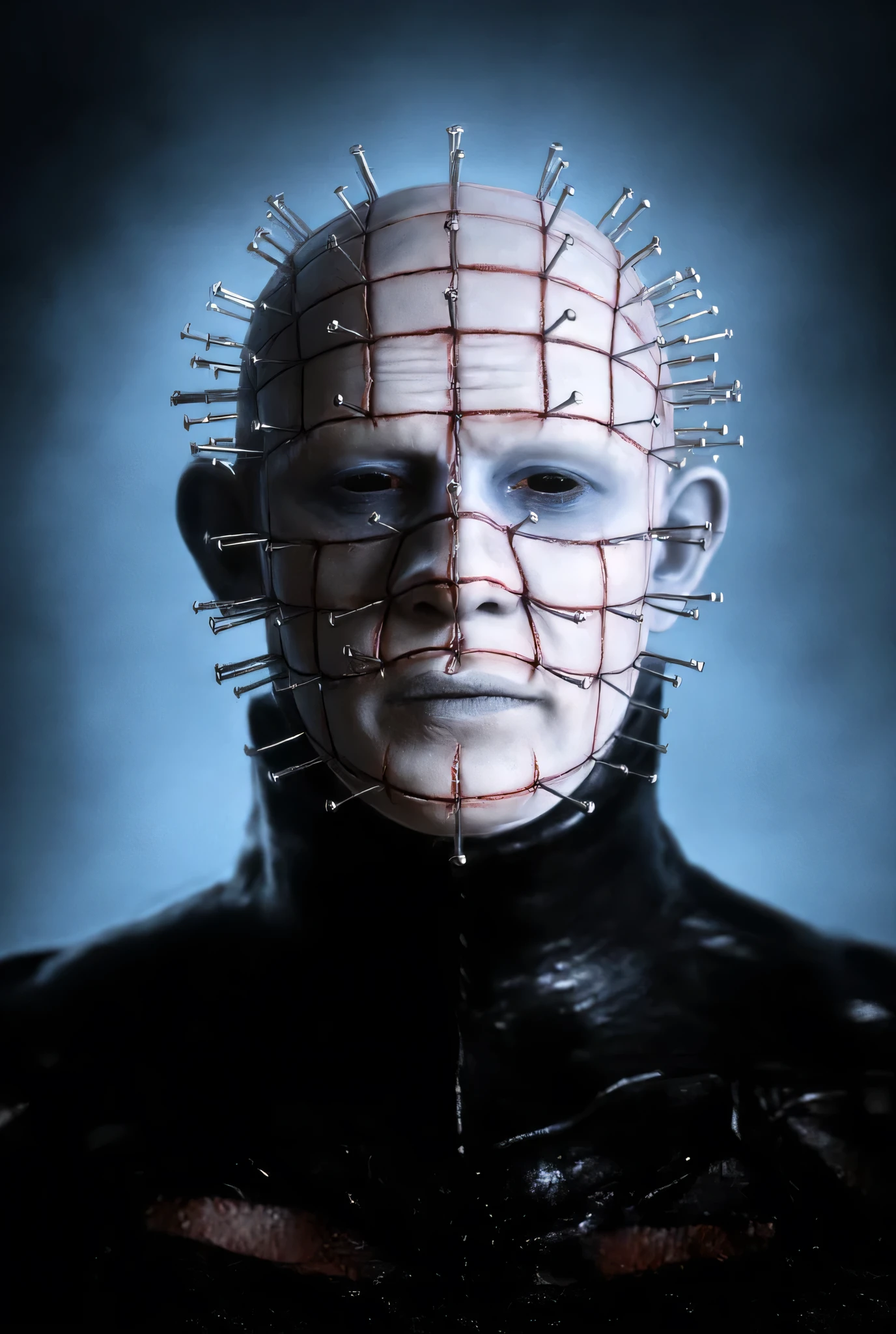 Hellraiser, Pinhead portrait, macabre horror, darkness background, high detail, masterpiece.