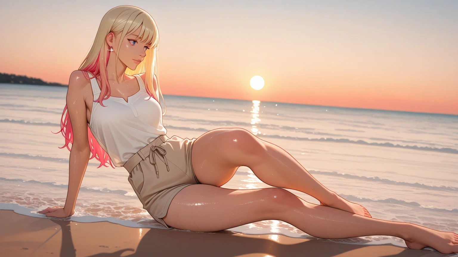 (masterpiece, highest quality, ultra high res, ultra detailed:1.3), 1 cute girl, ideal ratio body proportions, pink medium hair, half twintail, small breast, from below, front view, yellow tank top, tank top covered nipples, blue denim mini (skirt, white panties:1.4), (open legs, sitting on a seesaw:1.3), view from the other side of the seesaw, cameltoe,